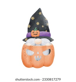 Watercolor cute gnome in pumpkin happy Halloween party vector illustration on white background 