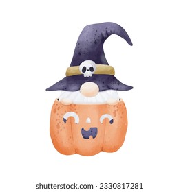 Watercolor cute gnome in pumpkin happy Halloween party vector illustration on white background 