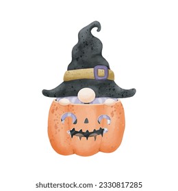 Watercolor cute gnome in pumpkin happy Halloween party vector illustration on white background 