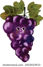 Watercolor cute grape character, Hand drawn cute watercolor style illustrations for children education children's books, Cards, scrapbooks, flashcards, teaching materials, bullet boards
