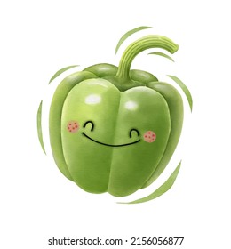 Watercolor cute green bell pepper cartoon character. Vector illustration.