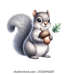 Watercolor Cute Grey Squirrel Holding Walnut Standing Dynamically Concept