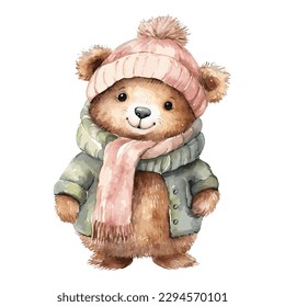 Watercolor Cute Grizzly Cub With Cotton Hat, Scarf, and Jacket