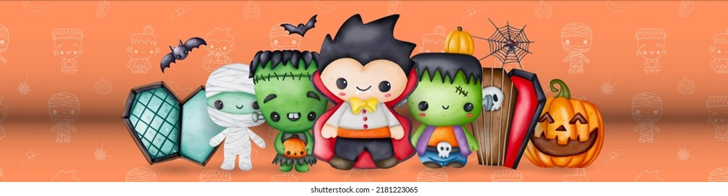 Watercolor cute Halloween cartoon characters. Witch, Dracula, zombie, and mummy. Halloween vampire
