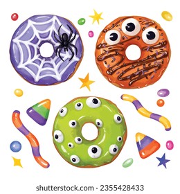 Watercolor cute Halloween donuts isolated vector elements. colorful kids trick or treat donuts with creepy eyes 