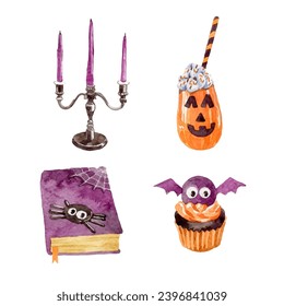 Watercolor cute halloween elements collection
