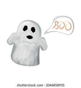 Watercolor cute halloween ghost saying boo