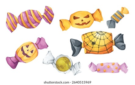 Watercolor Cute Halloween Wrapped Candy. Confectionery for Holiday Packaging and Party Decor. Trick or Treat Candy Illustration.