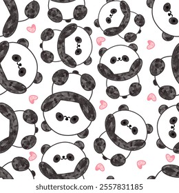 Watercolor cute hand drawn doodle panda bear with pink hearts flying, seamless pattern background.