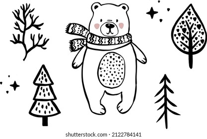 Watercolor cute handdrawn black and white line art kids illustration a bear and trees for children. Ideal for print, graphic design, stickers, Poster and other creative projects.