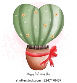 Watercolor cute heart cactus in pot, Cactus of Love, Valentine Element
