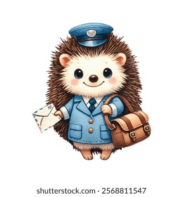 Watercolor Cute Hedgehog as Postman Holding Mail Standing