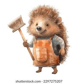 Watercolor Cute Hedgehog With Red Clothes Hold A Broom