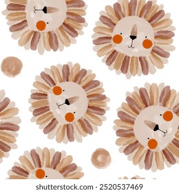 Watercolor cute kids lion face with dots, brown seamless pattern design
