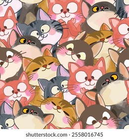 Watercolor cute kitten cat cartoon seamless pattern