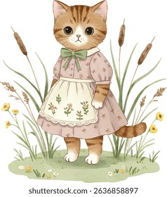 Watercolor Cute Kitten Wearing Dress Surrounded by Flowers Illustration