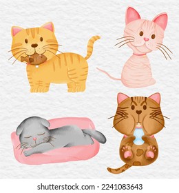 watercolor cute kitty and cat character element collection set