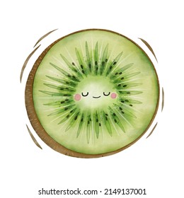 Watercolor cute kiwi cartoon character.