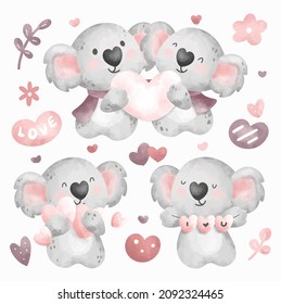 Watercolor cute koala with love elements set 