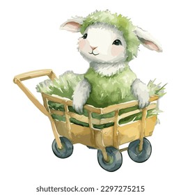 Watercolor Cute Lamb On Top Of Wheel Barrow Full of Grass