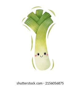 Watercolor cute leek cartoon character. Vector illustration.