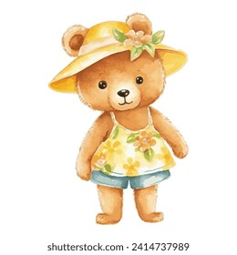 Watercolor Cute Liitle Bear Wearing Yellow Flower Hat And Tank Top Standing Adorable Concept