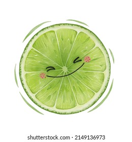 Watercolor cute lime slice cartoon character.