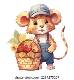 Watercolor Cute Lion With Cap and Jump Suit Hold Fruit Basket