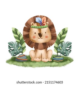 Watercolor Cute Lion Safari Tribal Animals Illustration 