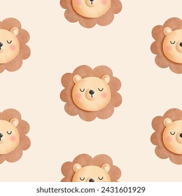 Watercolor of cute lion seamless pattern. Hand drawn for children textile, apparel, nursery decoration, gift wrap paper, baby's shirt, fabric. Vector illustration