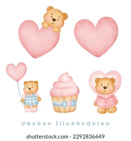 Watercolor cute little bear set.