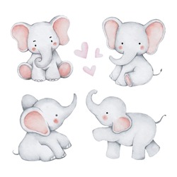 Watercolor Cute Little Elephants Can Be Used For Cards And Invitations And For Baby Shower With White Isolated Background, Watercolor Hand Draw Illustration 