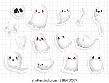 Watercolor Cute Little Ghost Sticker Sheet. Vector Illustration