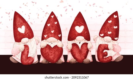 Watercolor cute love valentine gnomes 