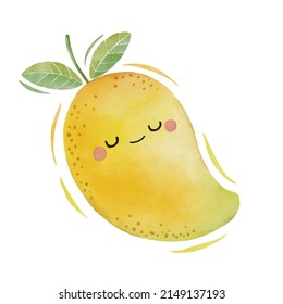 Watercolor Cute Mango Cartoon Character.