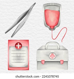 watercolor cute medical and hospital equipment element clip art collection