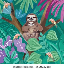 Watercolor cute Mom and baby sloth with hornbill bird in greenery forest