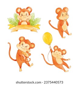 Watercolor cute Monkey cartoon charactor design collection with different on with background.vector illustration