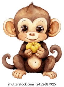 Watercolor cute monkey hand drawn clipart illustration