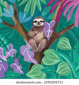 Watercolor cute monkey sloth in botanical tropical forest 