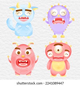 watercolor cute monster element clip art collection