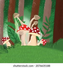 Watercolor cute mushroom in the middle of tropical forest