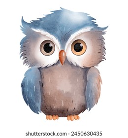 Watercolor cute owl. Woodland animals. Hand drawn owl. Clip art illustration.