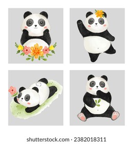 Watercolor cute Panda cartoon character design collection with different on with background. Vector illustration