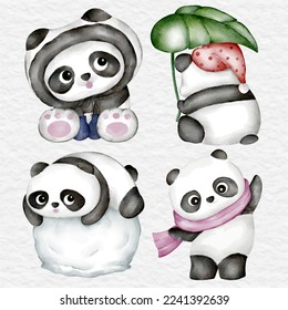watercolor cute panda character collection set
