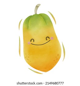 Watercolor Cute Papaya Cartoon Character.