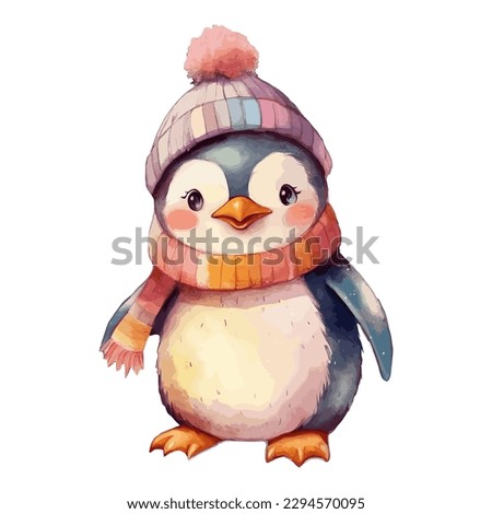 Watercolor Cute Penguin With Cotton Hat, and Scarf