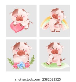 Watercolor cute Pig cartoon character design collection with different on with background. Vector illustration