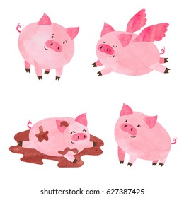 Watercolor cute pigs set. Vector cartoon illustration. 