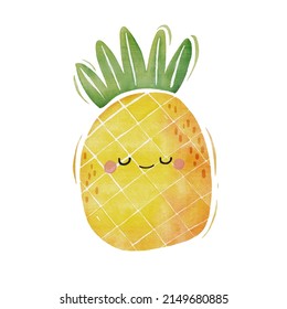 Watercolor Cute Pineapple Cartoon Character.